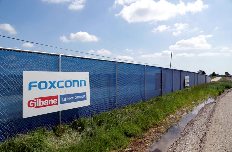 A FoxConn logo is seen before the arrival of U.S.