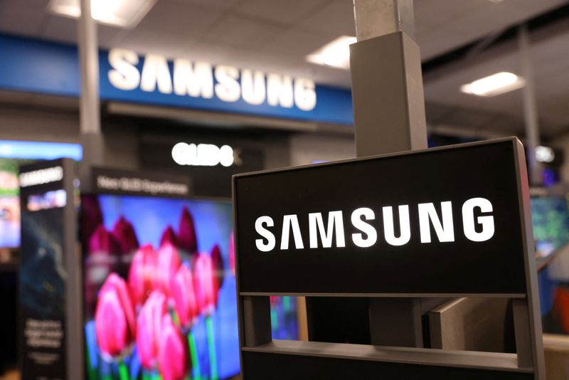 Samsung signage is seen in a store in Manhattan, New