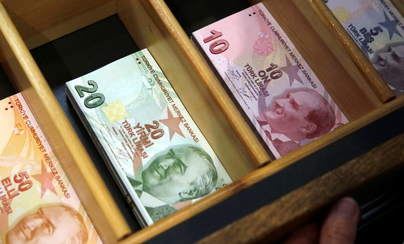 Turkish lira banknotes are pictured at a currency exchange office
