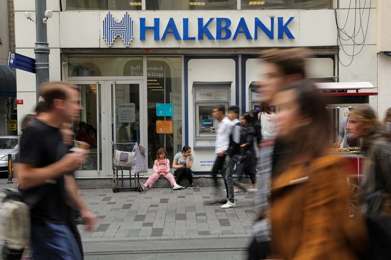 FILE PHOTO: People walk past by a branch of Halkbank