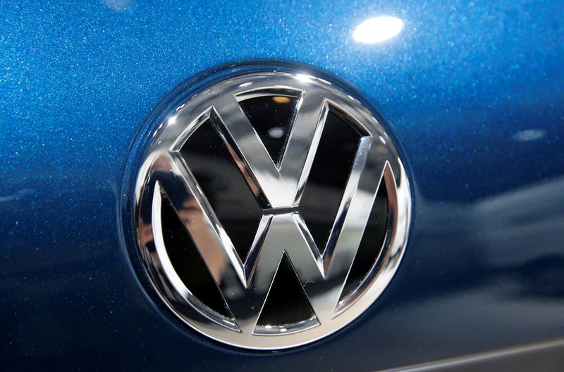 A Volkswagen logo is pictured during the Volkswagen Group’s annual