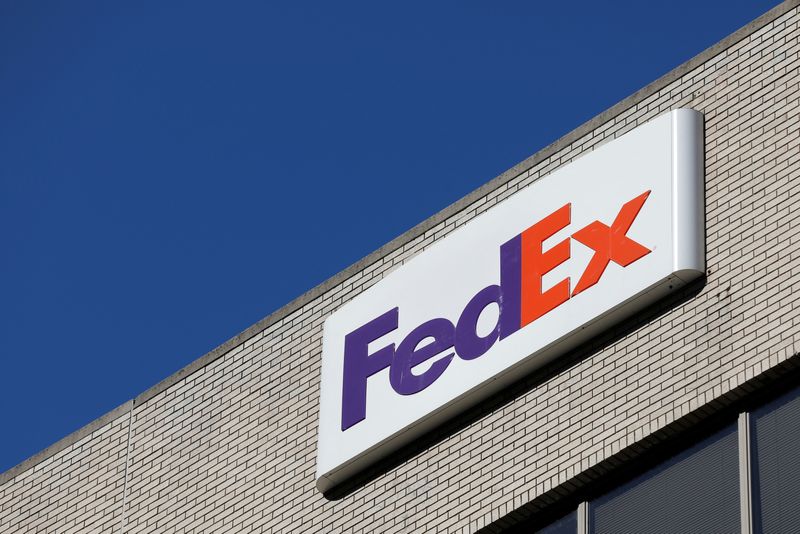 Signage is seen on a FedEx location in Manhattan, New