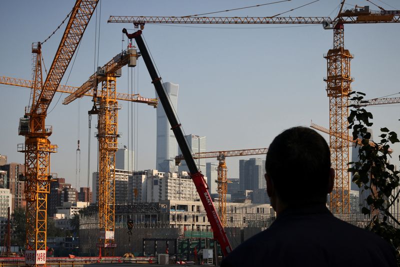 A person looks towards cranes in front of the skyline