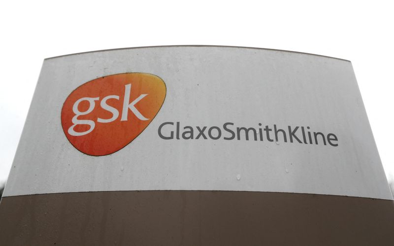A GSK logo is seen at the GSK research centre
