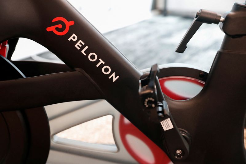 A Peloton exercise bike is seen after the ringing of