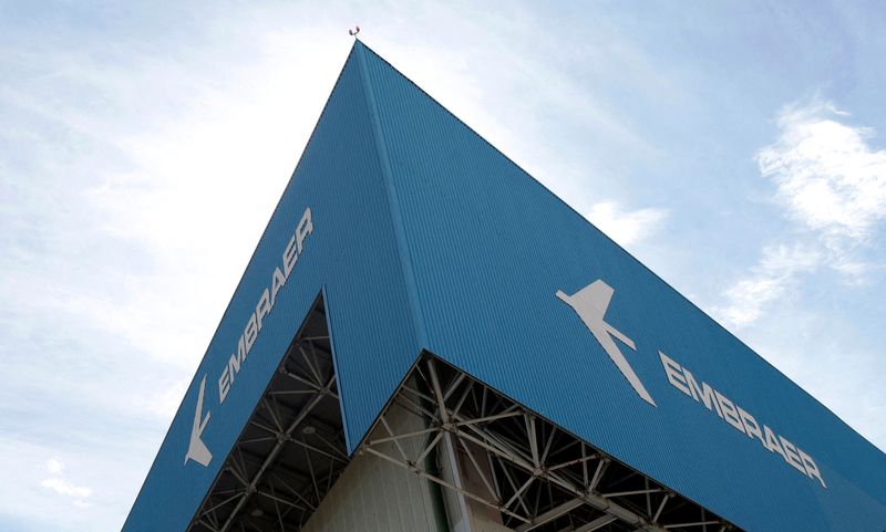 The logo of Brazilian jets maker Embraer is seen on