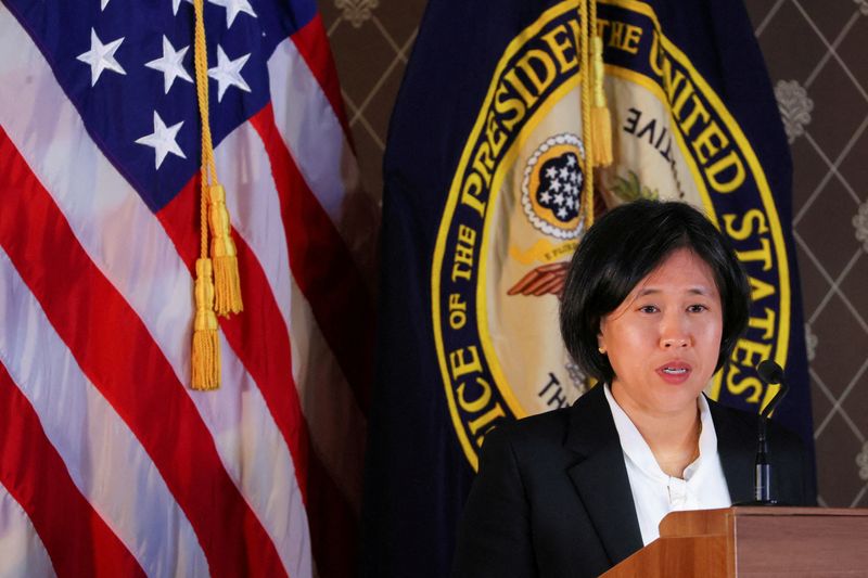 FILE PHOTO: U.S. Trade Representative Katherine Tai addresses the Geneva