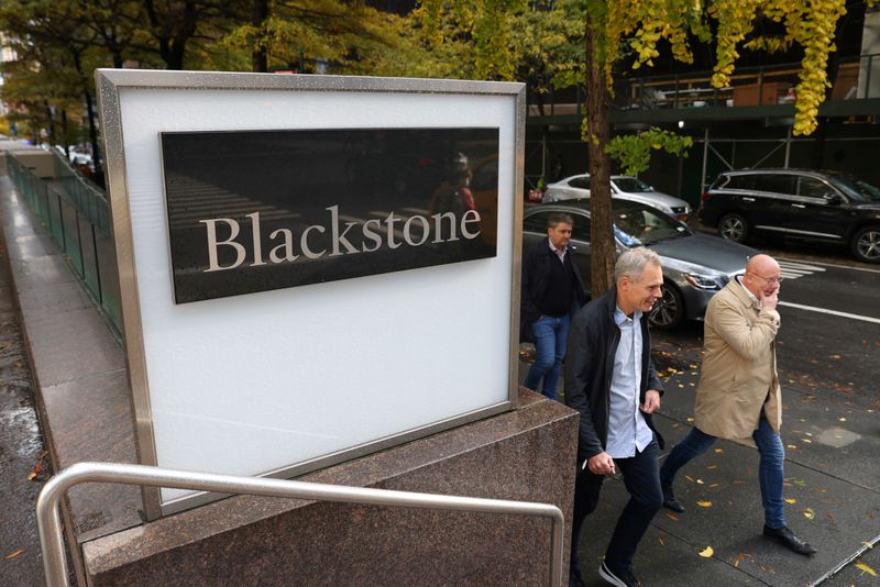 Signage is seen outside The Blackstone Group headquarters in Manhattan,