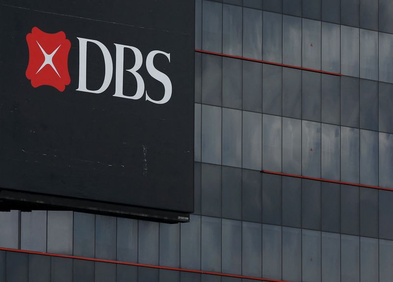 A logo of DBS is pictured outside an office in