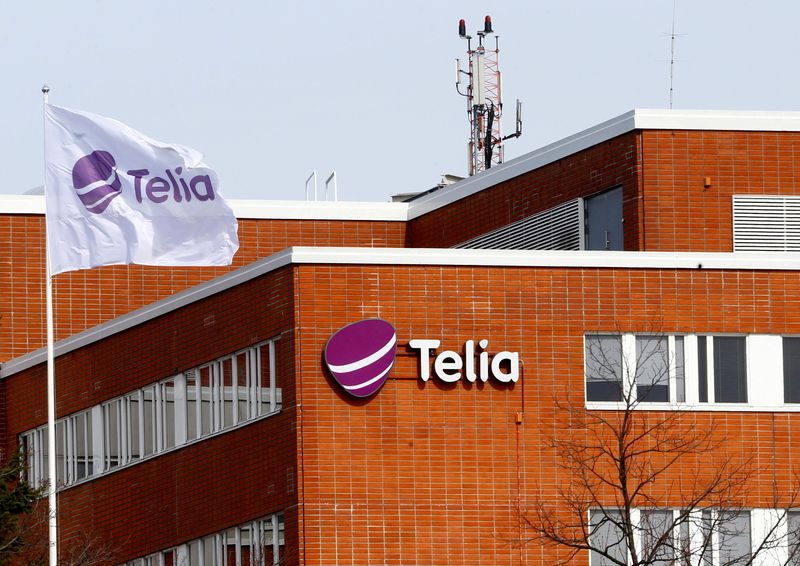 FILE PHOTO: A flag flutters at the Telia offices in