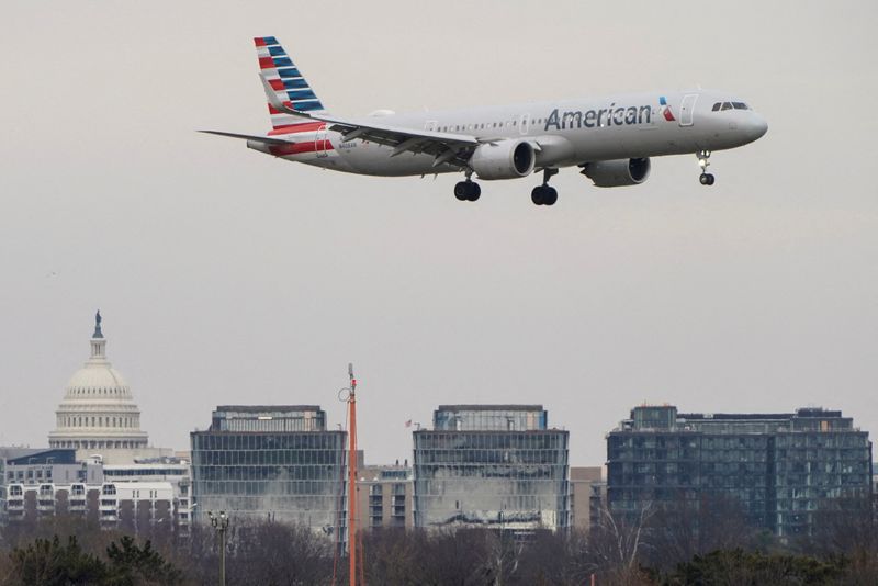 An American Airlines aircraft lands at Reagan National Airport in
