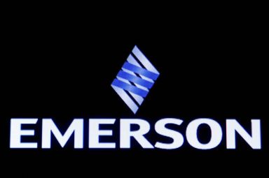 FILE PHOTO: Emerson Electric Co is displayed on a screen