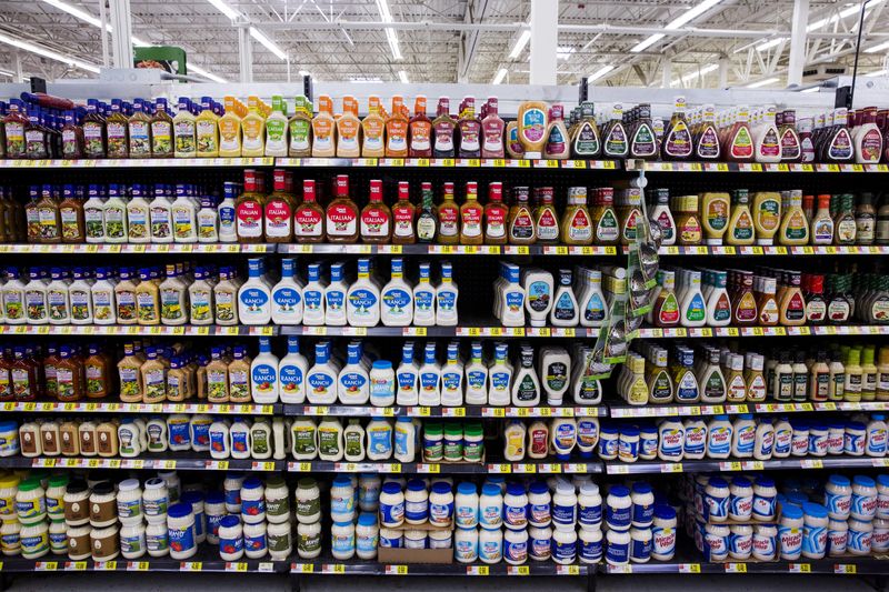 Salad dressings are displayed at a Walmart store in Secaucus,