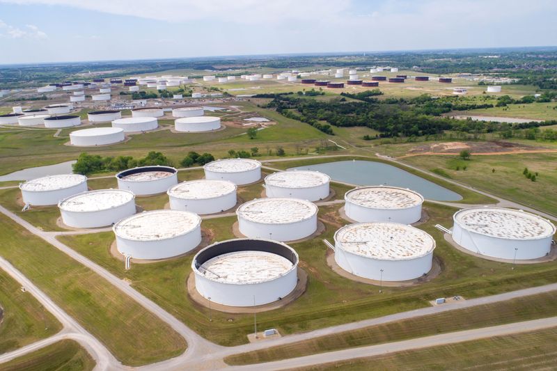 Crude oil storage tanks are seen in an aerial photograph