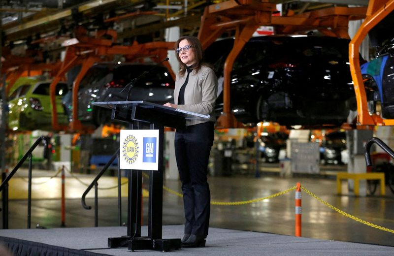 FILE PHOTO: GM’s CEO, Barra, speaks at an assembly plant