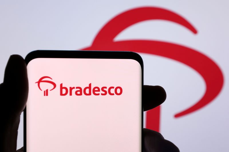 Illustration shows a smartphone with displayed Banco Bradesco logo