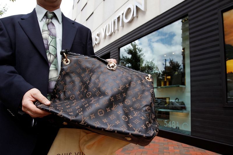 FILE PHOTO: A fake LVMH handbag is displayed to the