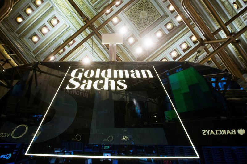 FILE PHOTO: Goldman Sachs sign is seen above floor of