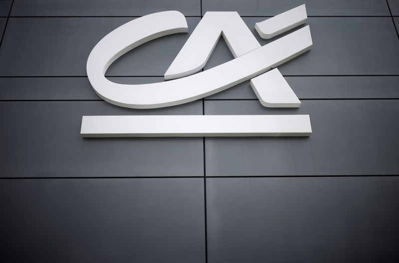 A Credit Agricole logo is seen outside a bank office