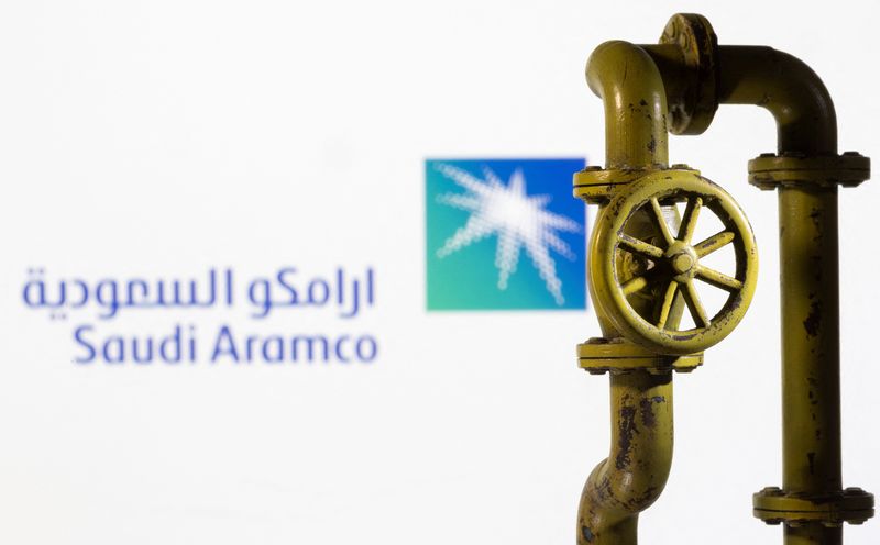 Illustration shows Saudi Aramco logo and natural gas pipeline