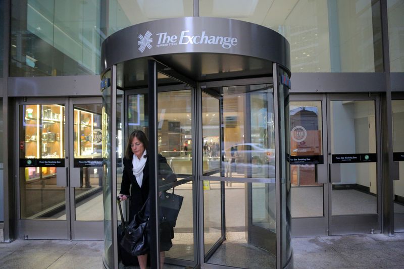 A Toronto Stock Exchange sign adorns a doorway at the