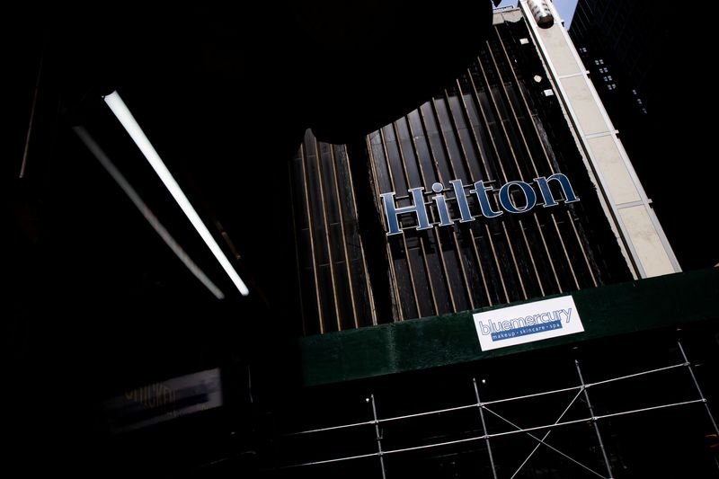 FILE PHOTO: Hilton hotel logo is seen on 52nd street