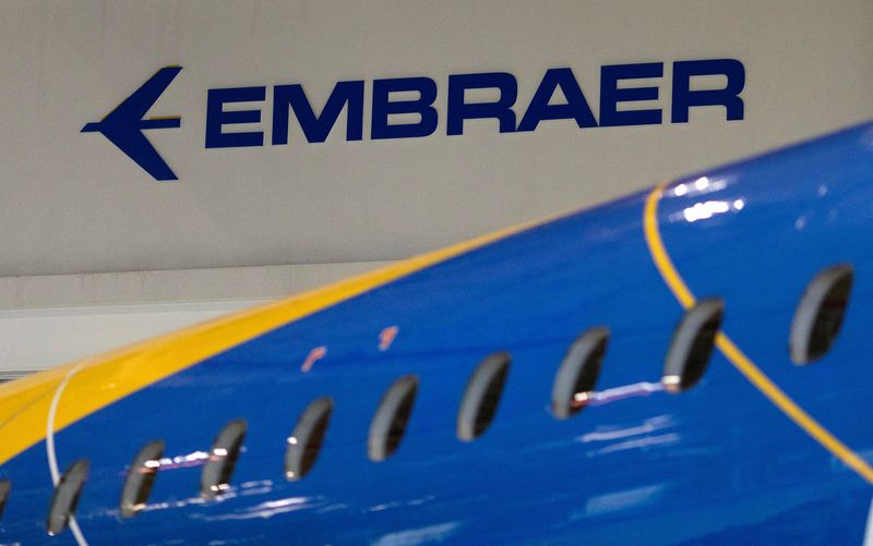 FILE PHOTO: The logo of Brazilian planemaker Embraer SA is