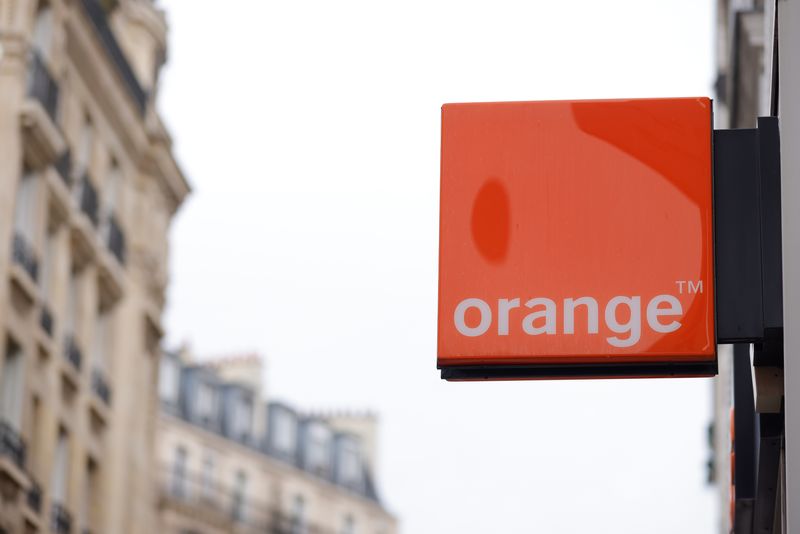 The logo of French telecoms operator Orange is seen a
