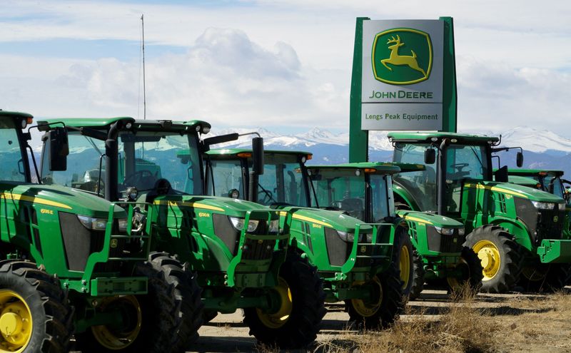 FILE PHOTO: John Deere tractors are seen for sale at