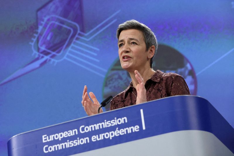 FILE PHOTO: European Commission Vice President Margrethe Vestager holds a