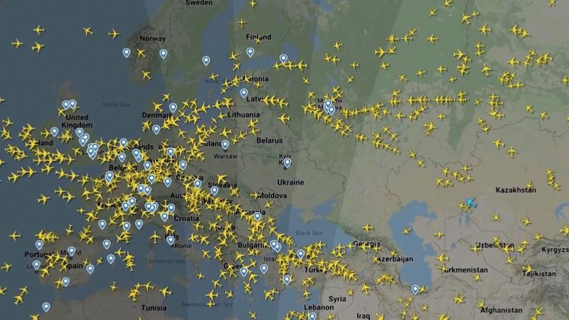 A screen recording of flight tracking website FlightRadar24 shows aircraft