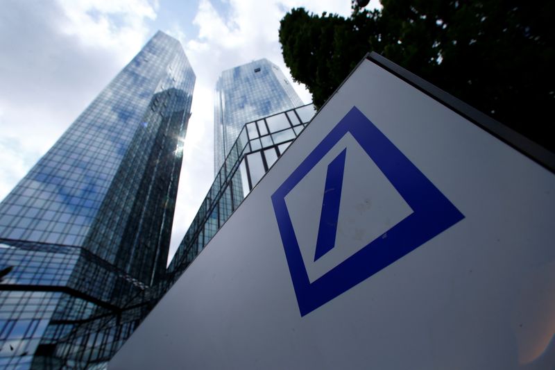 A Deutsche Bank logo adorns a wall at the company’s