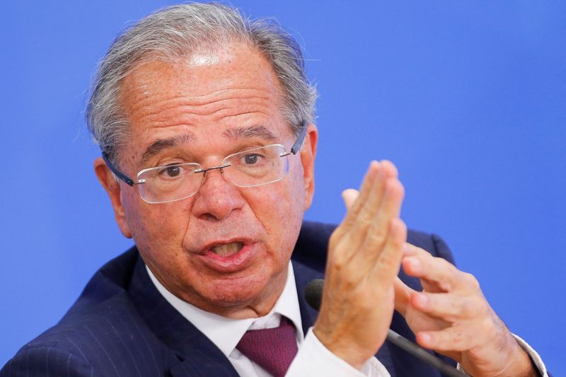 Brazil’s Economy Minister Paulo Guedes addresses the media at the