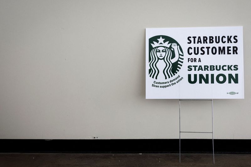A sign showing support for a Starbucks Union is seen