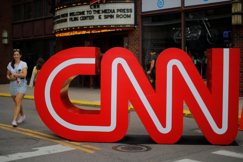 The CNN logo stands outside the venue of the second