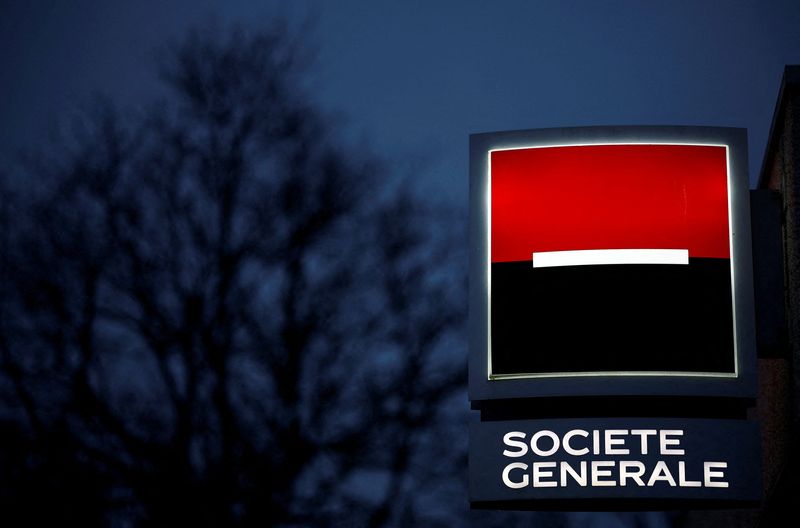 FILE PHOTO: Logo of Societe Generale outside a bank office