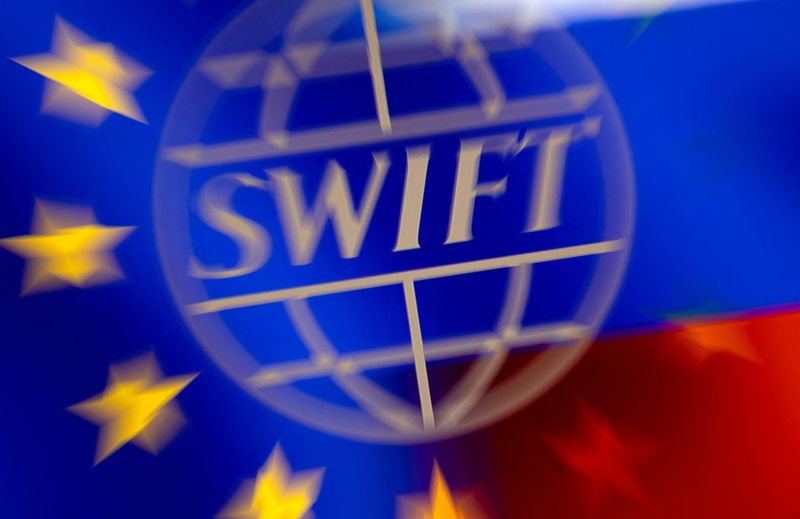 Illustration shows Swift logo, EU and Russian flags