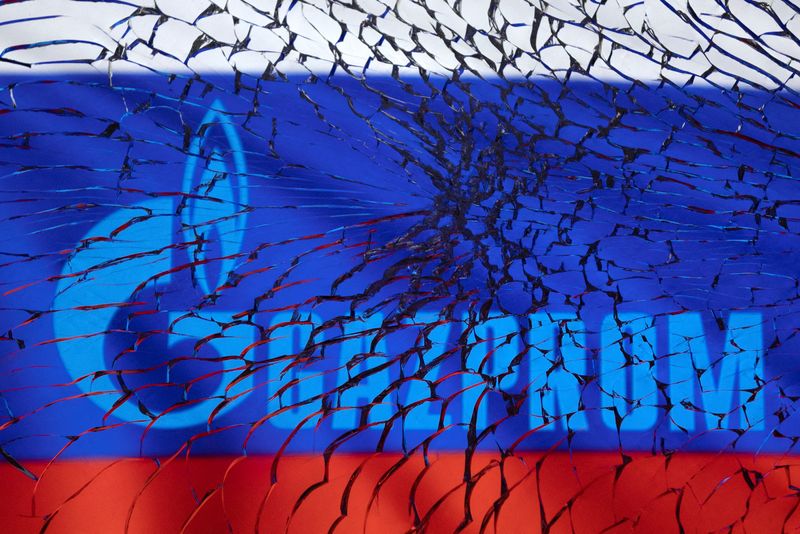 FILE PHOTO: Illustration shows Gazprom logo and Russian flag through