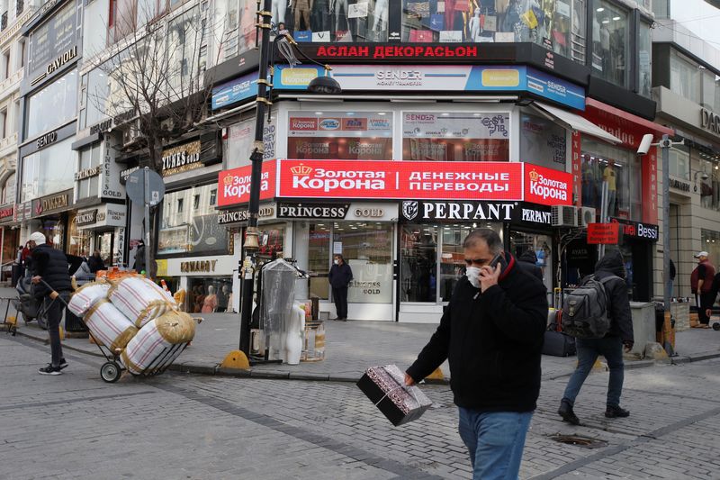 Signs in Russian are seen on the shops in Istanbul’s