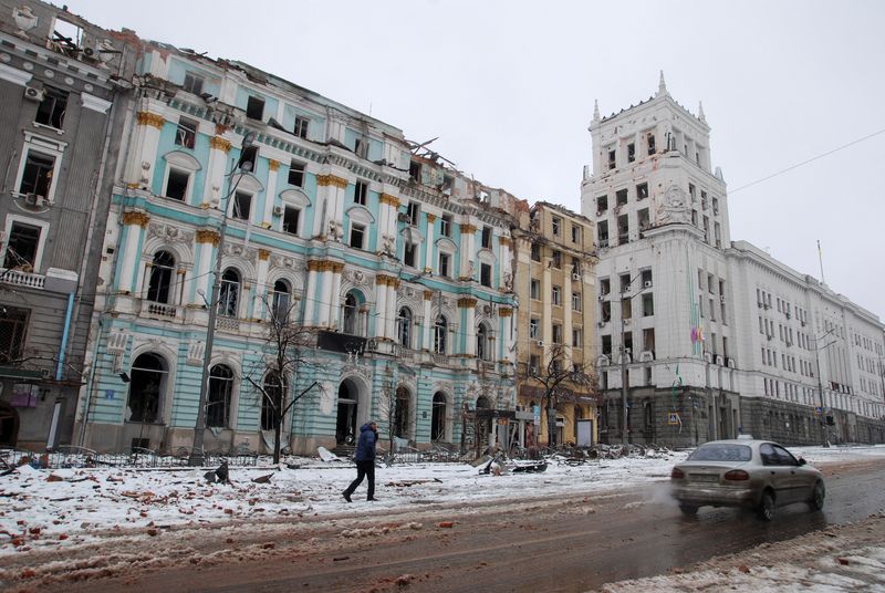 A view shows damaged buildings in Kharkiv