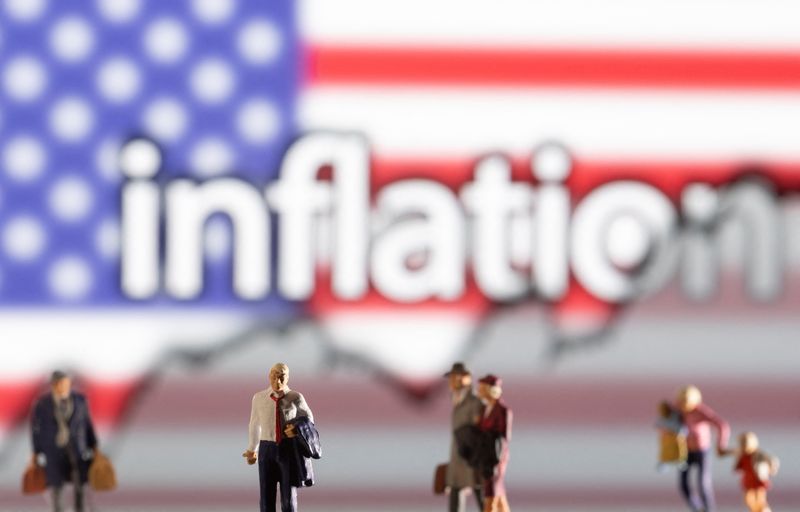 Illustration shows small figurines, displayed word “Inflation”, U.S. flag and