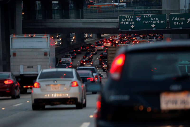 Morning commuters travel in rush hour traffic towards Los Angeles,