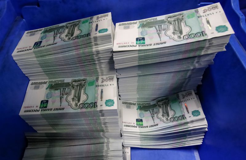 Stacks of 1000 Russian Roubles notes are pictured at Goznak
