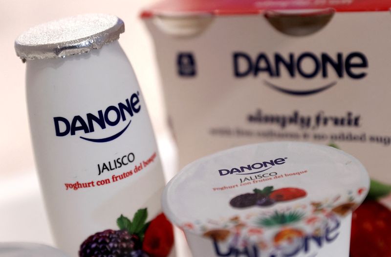 FILE PHOTO: Danone products displayed before the French food group’s