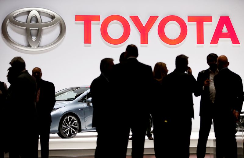FILE PHOTO: Toyota logo displayed at the 89th Geneva International