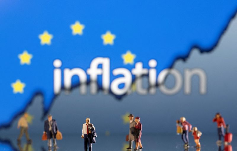 Illustration shows small figurines, displayed word “Inflation”, EU flag and