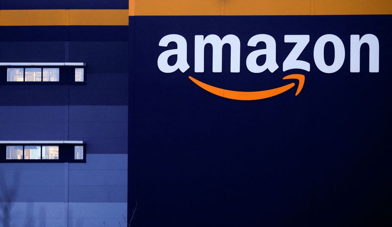 FILE PHOTO: Amazon logo at the company’s logistics center in