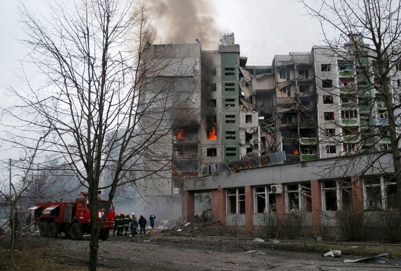 A view shows a residential building damaged by recent shelling