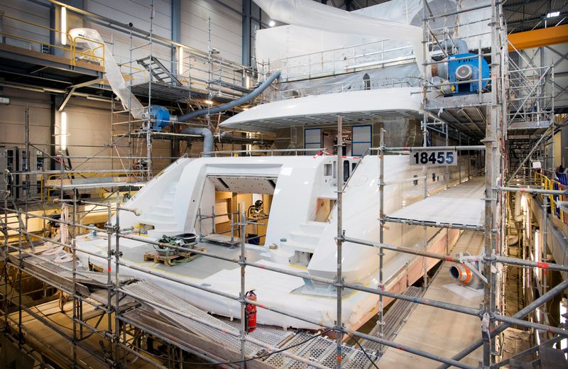 A yacht is seen under construction at the Heesen Yachts