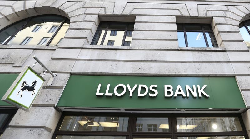 The signage is seen at a branch of Lloyds bank